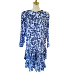 Vintage 80's Frances Henagan Drop Waist Tiered Floral Dress Women’s 6 Midi Blue